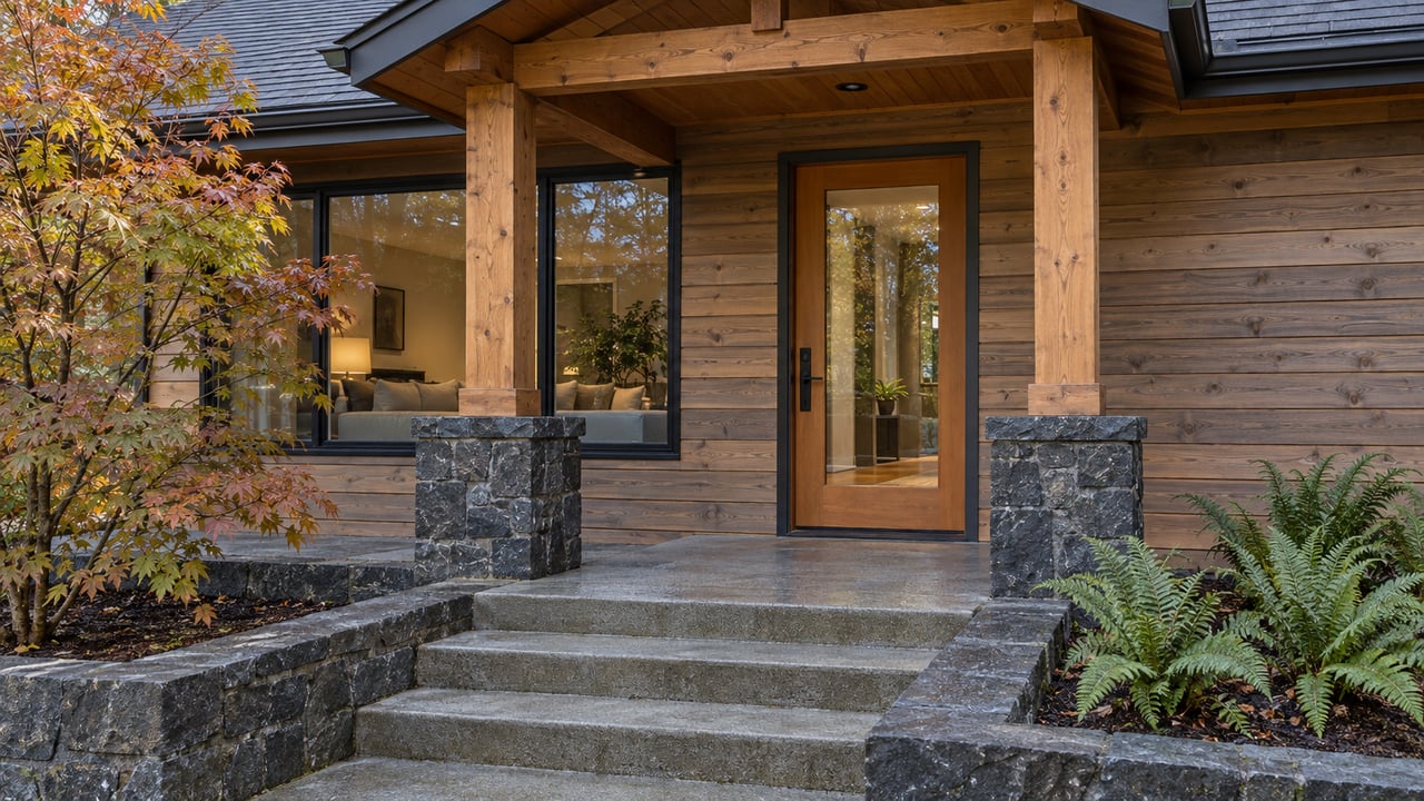 Renovated cedar-clad home entry with timber porch posts, basalt bases, concrete steps and autumn vine maple.