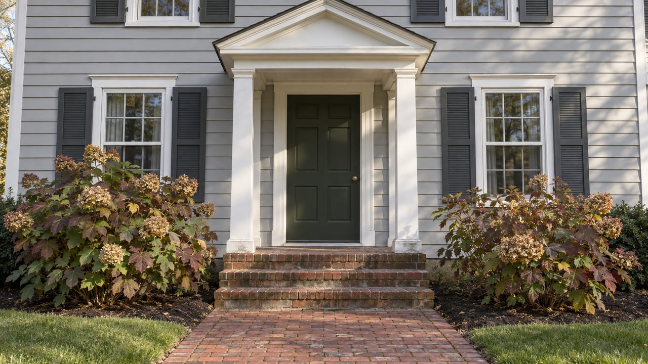Gray clapboard home with a white pedimented entry, dark green door, brick steps and autumn oakleaf hydrangeas.