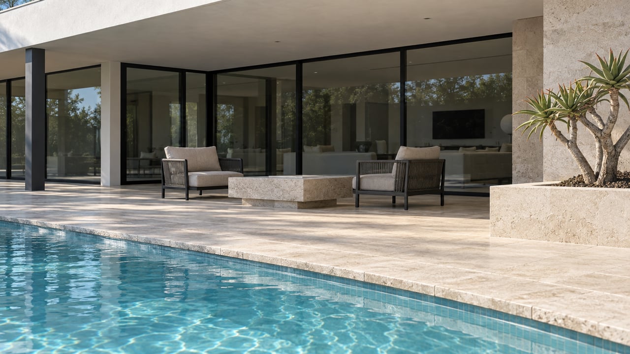 A limestone-edged pool beside a shaded contemporary terrace with black-framed glazing and a sculptural tree aloe.