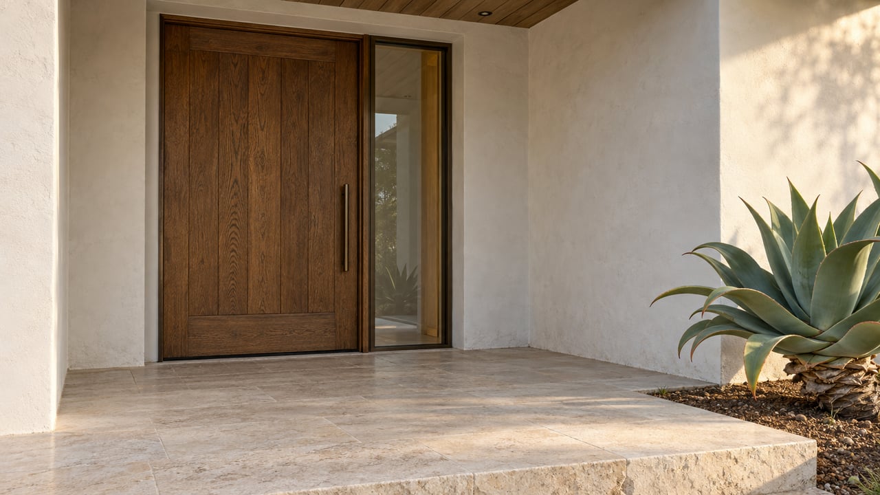 Close view of a recessed oak front door, bronze-framed sidelight and limestone porch beside a sculptural aloe.