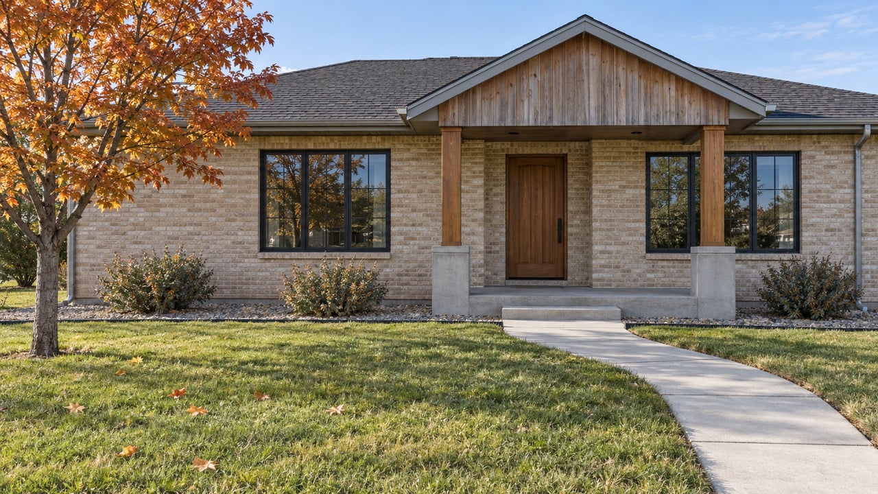 Pale-brick single-story home with a cedar porch, copper-leaved maple, and deep autumn lawn in clear morning light.