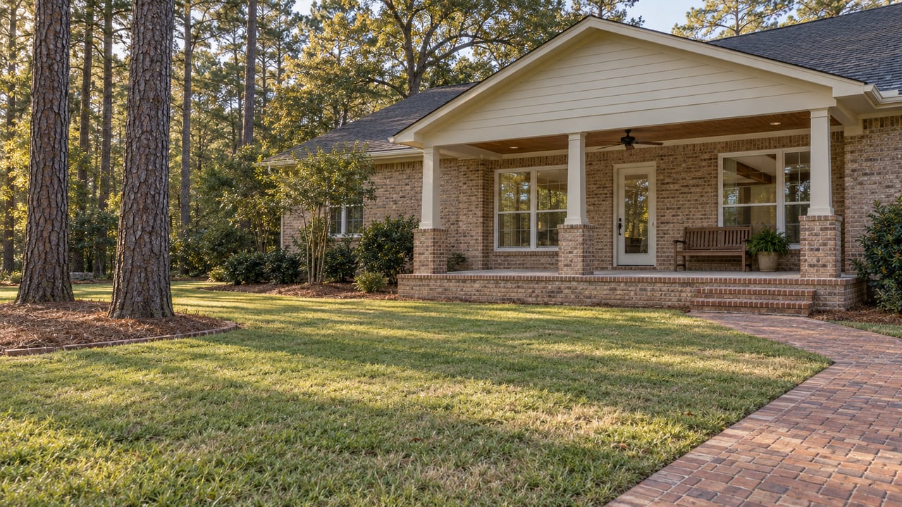 Buff-brick country home with a covered porch, broad autumn lawn and mature pines.