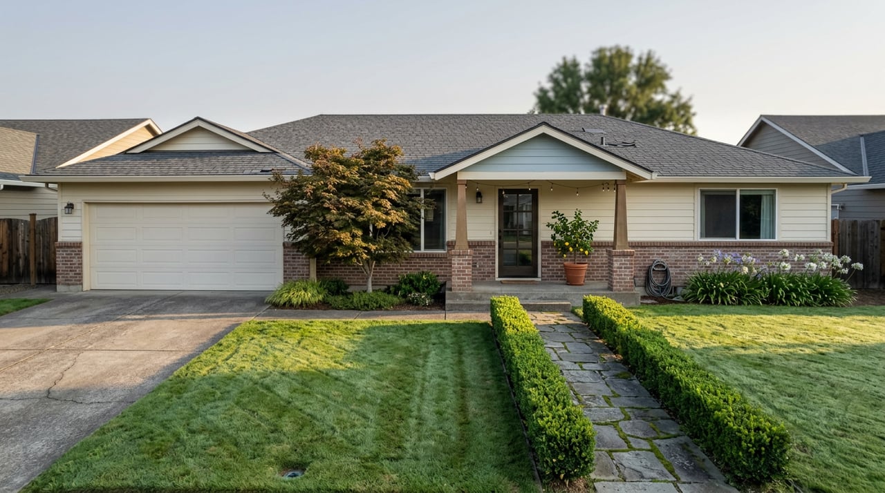 Ivory-sided suburban house with brick porch, broad lawn, Japanese maple, and potted fruiting lemon.