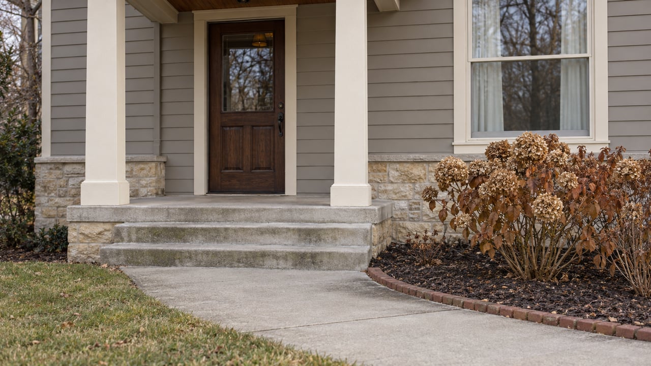 Sheltered wood-sided home entry with limestone foundation, broad concrete steps and dried oakleaf hydrangea beside a curved walkway.