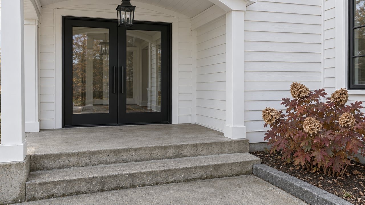 White arched covered entry with black-framed double glass doors, concrete steps, and a burgundy oakleaf hydrangea.