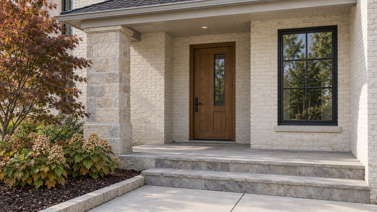 Oak entry door and black-framed window beneath a covered porch, with painted brick, limestone steps and bronze oakleaf hydrangeas.