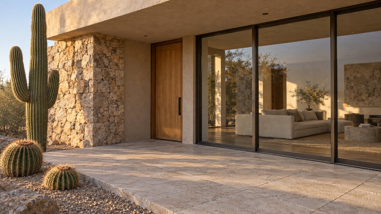 Low view across a limestone terrace toward bronze-framed glass, sand-colored stucco, a granite pier, and sculptural desert cacti.