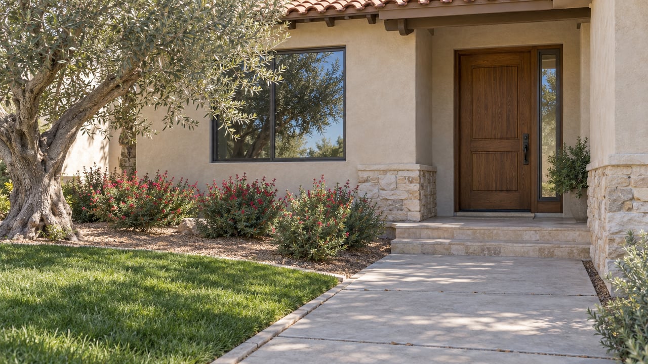 Stucco home entry with a stained-oak door, glazed sidelight, concrete walk, olive tree, and salvia bed.