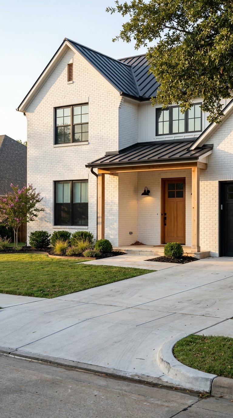 Updated modern farmhouse with warm wood accents on a residential street.