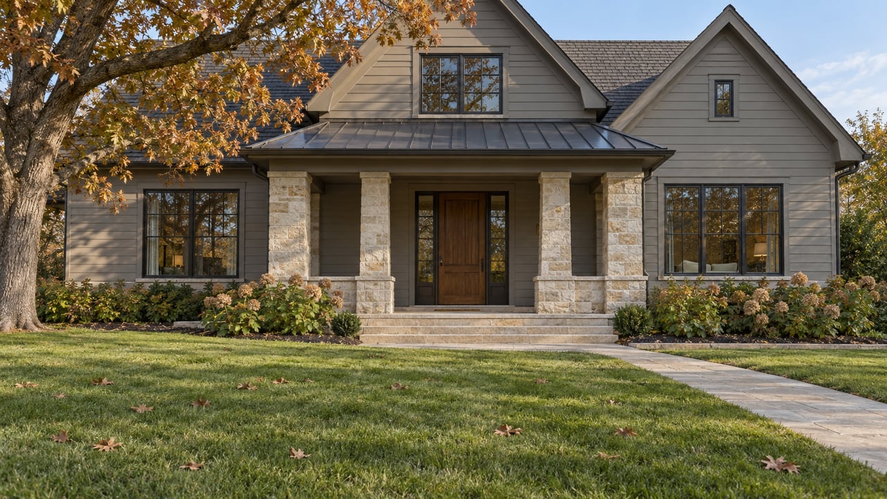 Autumn light on a gray clapboard home with limestone porch piers, a deep front lawn and a mature bur oak.