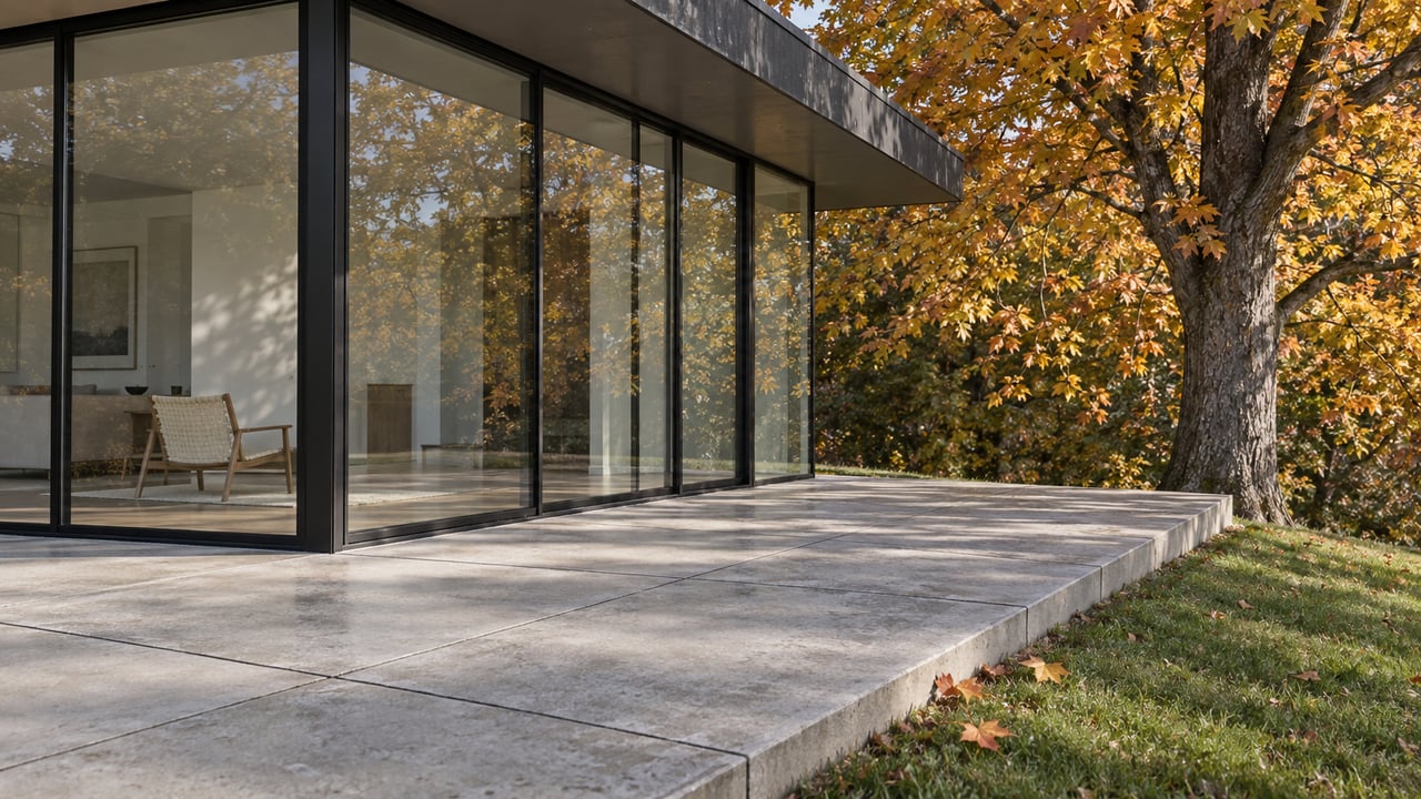 Autumn light falls across a modern home's glass corner and pale concrete terrace beside an amber sugar maple.