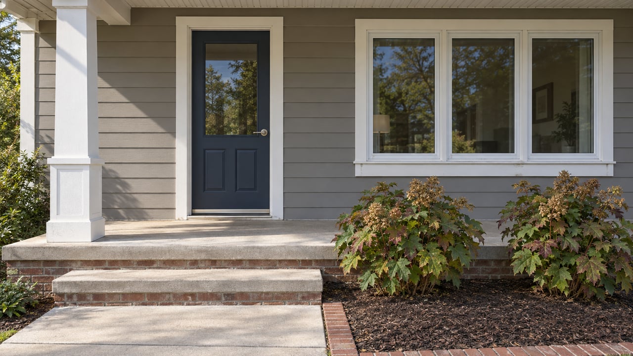 Covered porch with gray lap siding, a navy glazed front door, white-framed windows and oakleaf hydrangeas beside brick-edged concrete steps.