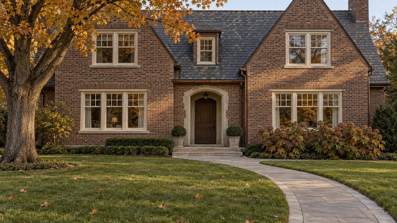 Autumn evening light grazes a red-brown brick house with slate gables, ivory window frames and a curved limestone front walk.