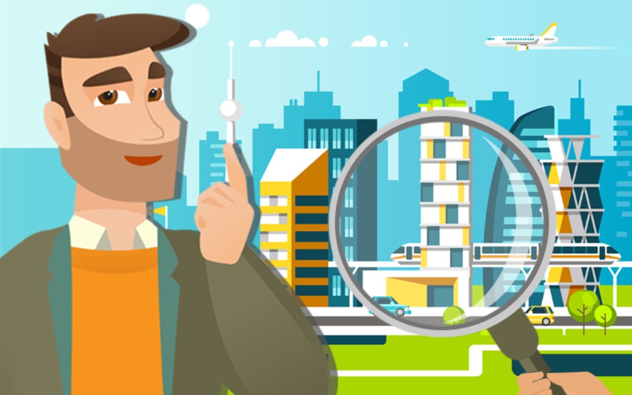 A man uses a magnifying glass to inspect modern city buildings, with trains, cars, and a plane nearby.