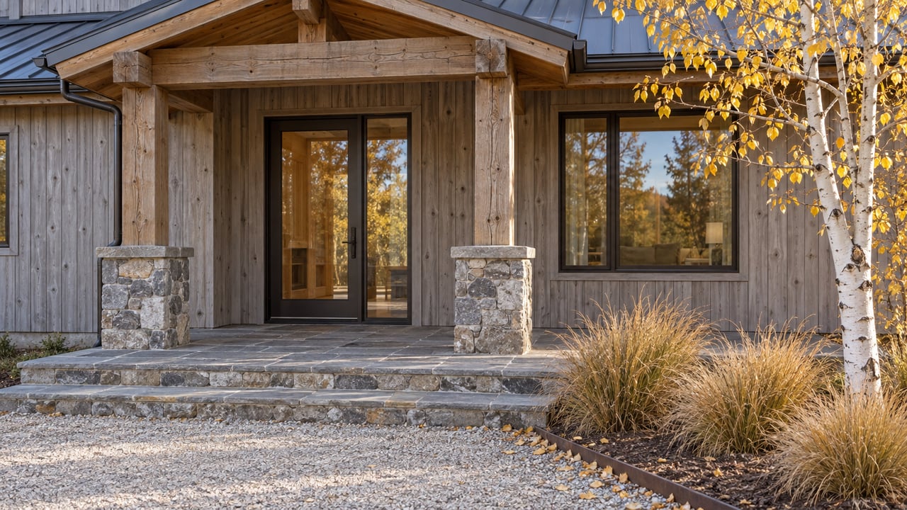 Autumn light across a timber home's covered entry, stone steps and a yellow-leaved aspen beside the gravel approach.