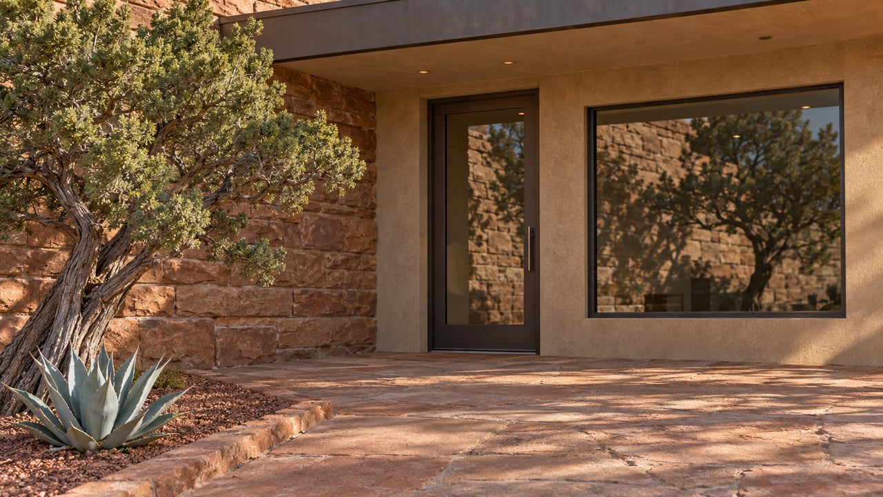 Low-angle view of a desert home's sandstone entry, bronze-framed glass door and window, with a sculptural juniper and agave beside the paved approach.