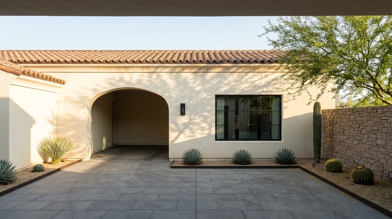 Cream stucco estate with a tiled roof, arched porte-cochere, basalt motor court, and desert plants.