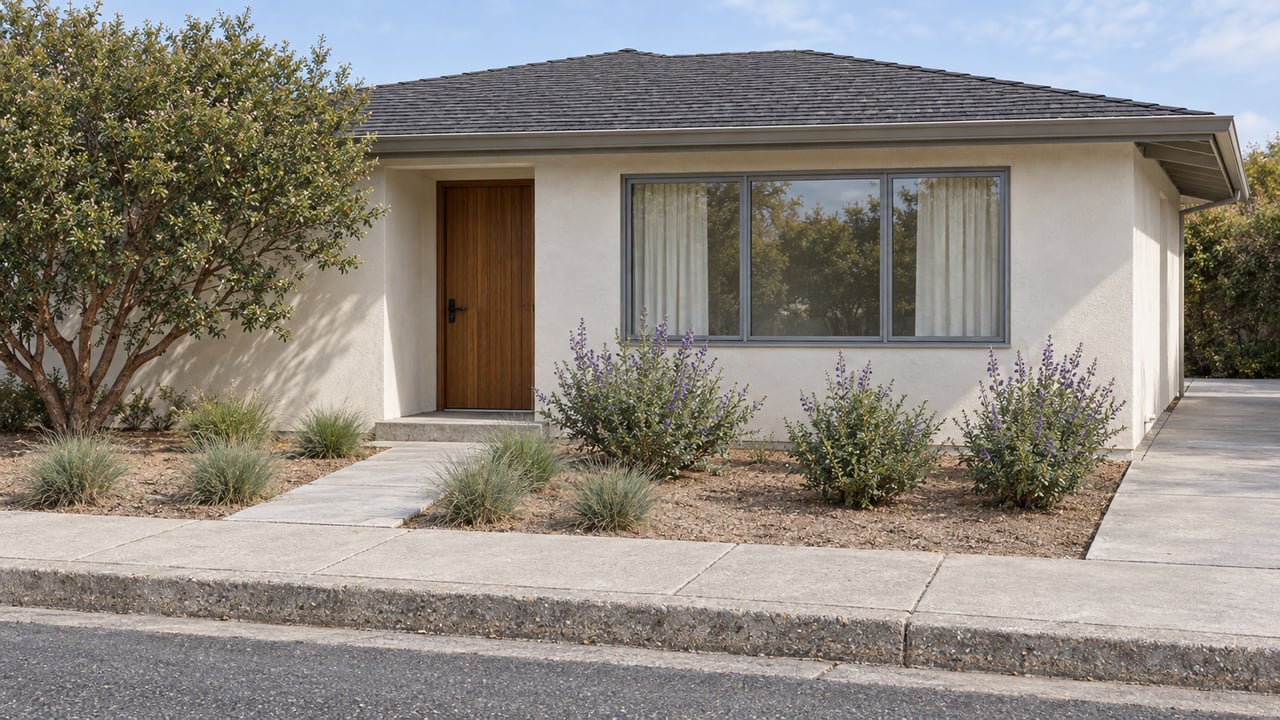 Updated single-story white stucco home with a cedar entry, broad window and a low-water front garden behind a concrete sidewalk.