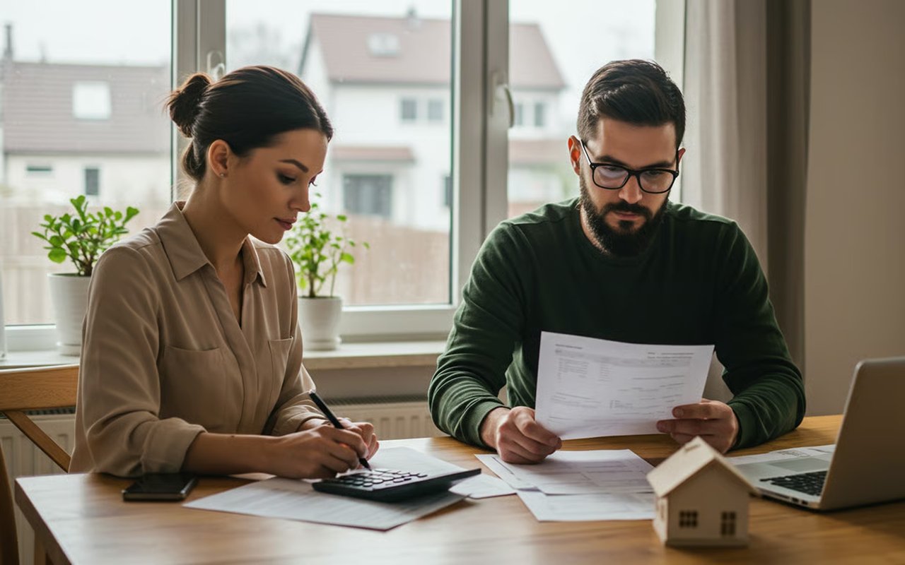 A couple reviews mortgage paperwork and calculates expenses at a table beside a model house.