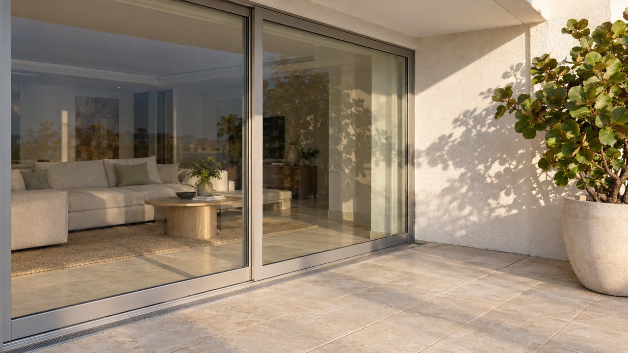Sunlight crosses an ivory-tiled condominium terrace beside closed glass living-room doors and a sculptural sea-grape plant.
