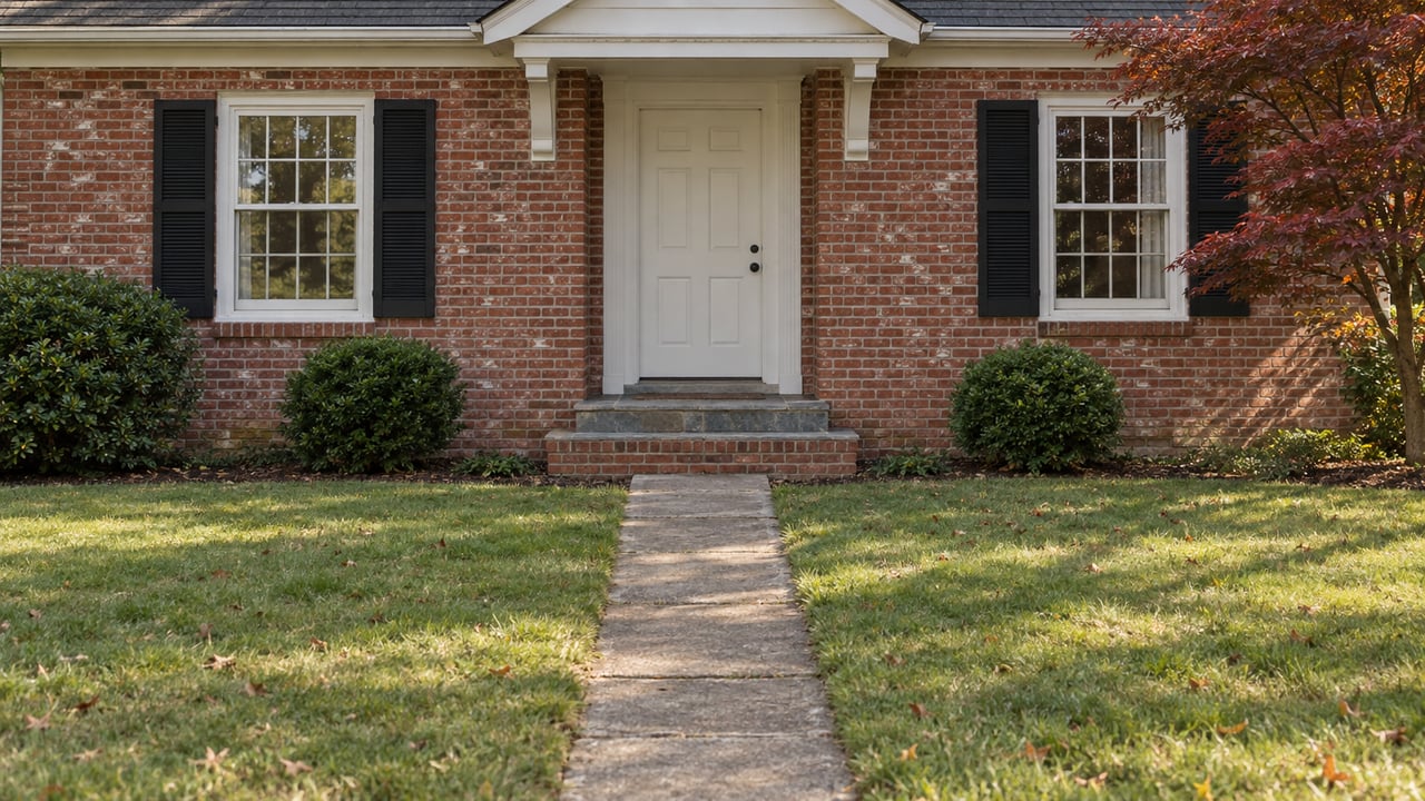 Weathered red-brick house with white trim, black shutters, and a narrow walk crossing the front lawn.