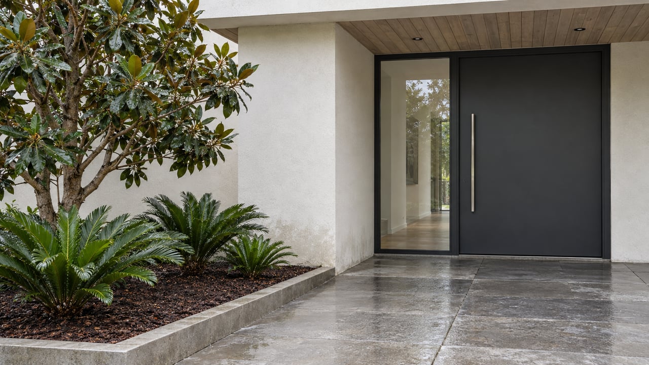 Covered contemporary home entry with white stucco, a charcoal door, pale timber soffit and rain-darkened limestone beside magnolia and coontie planting.