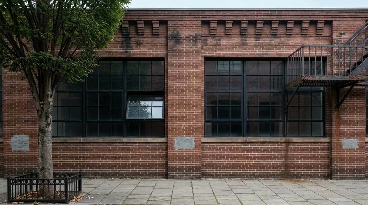 Red-brown brick warehouse facade with black steel factory windows, a rusted fire escape, and a street tree.