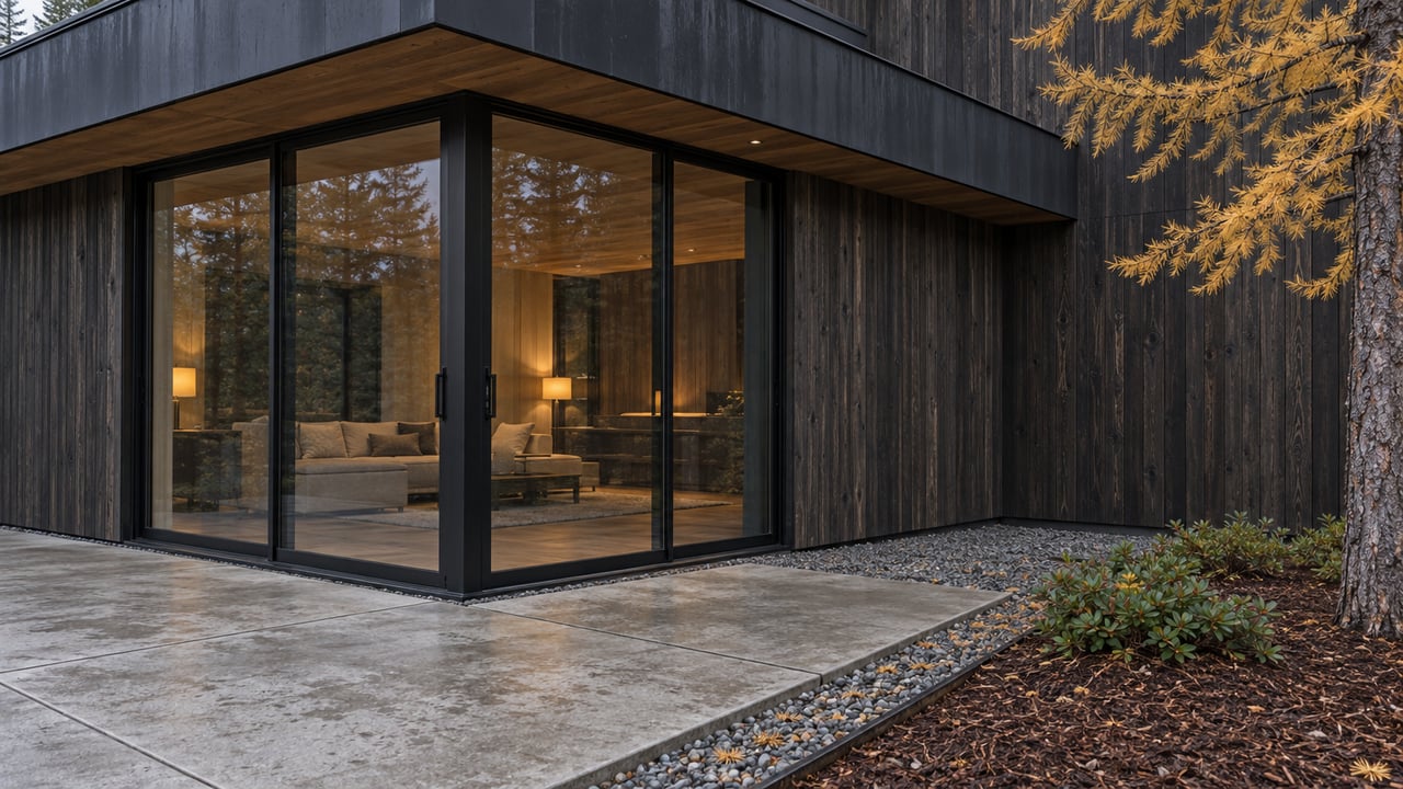Mountain-modern home with dark wood siding, a glazed corner revealing a warm interior, and golden larch branches.