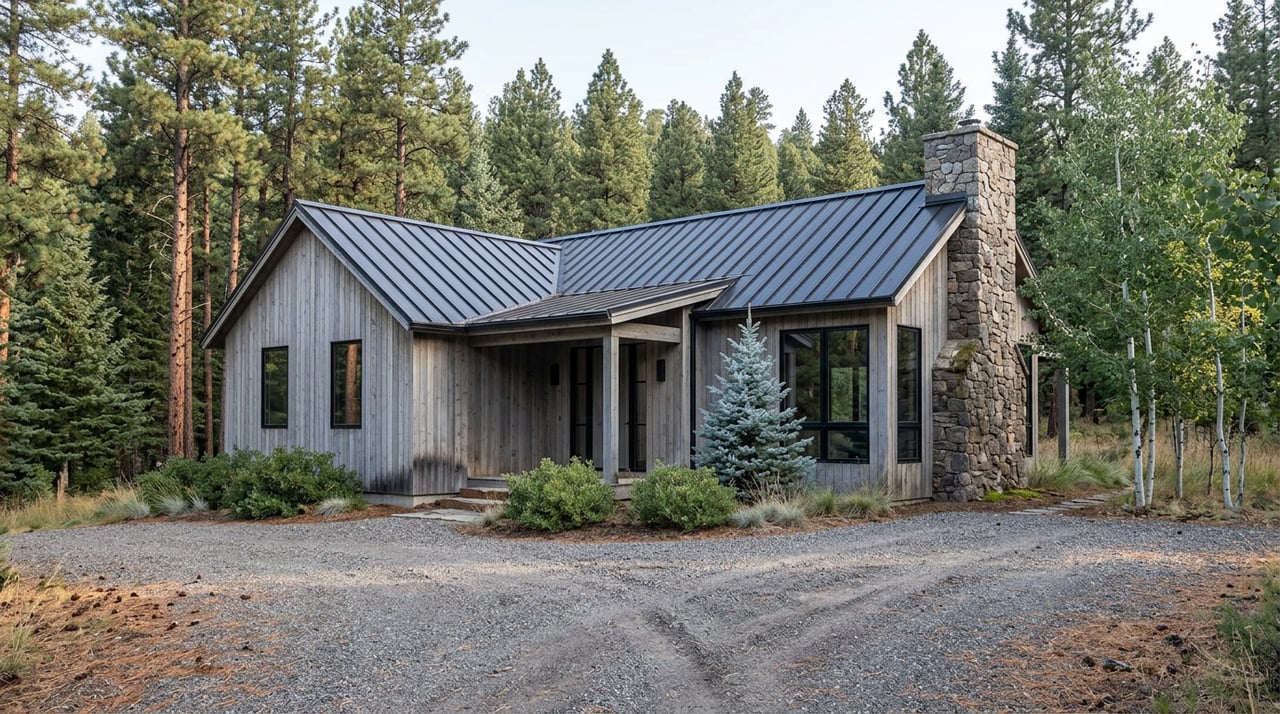 Mountain home with a dark metal roof, gray cedar siding, fieldstone chimney, and gravel court among pines and aspens.