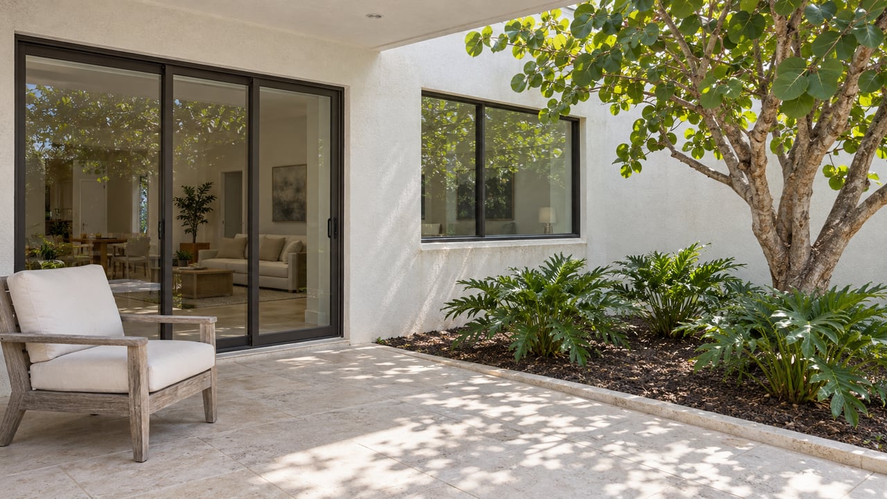 White stucco home with dark-framed glass doors, a shaded limestone patio, a weathered teak chair, and a sculptural sea grape tree.