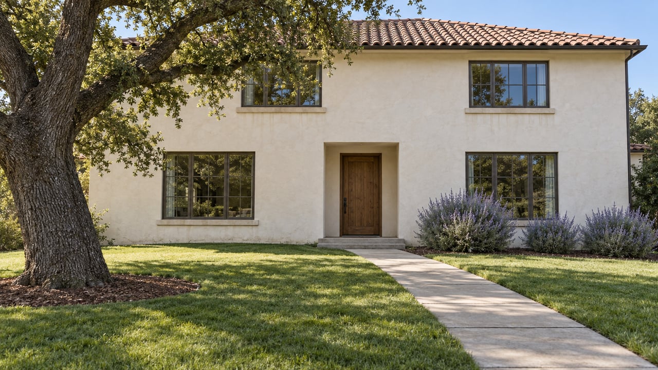 An ivory stucco home with a russet tile roof, divided-light windows and a long concrete approach across a lawn beneath a mature oak.