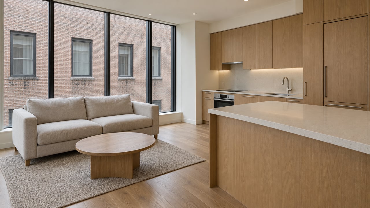 Daylit condominium living area with an oatmeal sofa, oak flooring and cabinetry, quartz peninsula, and black-framed windows facing a brick courtyard.
