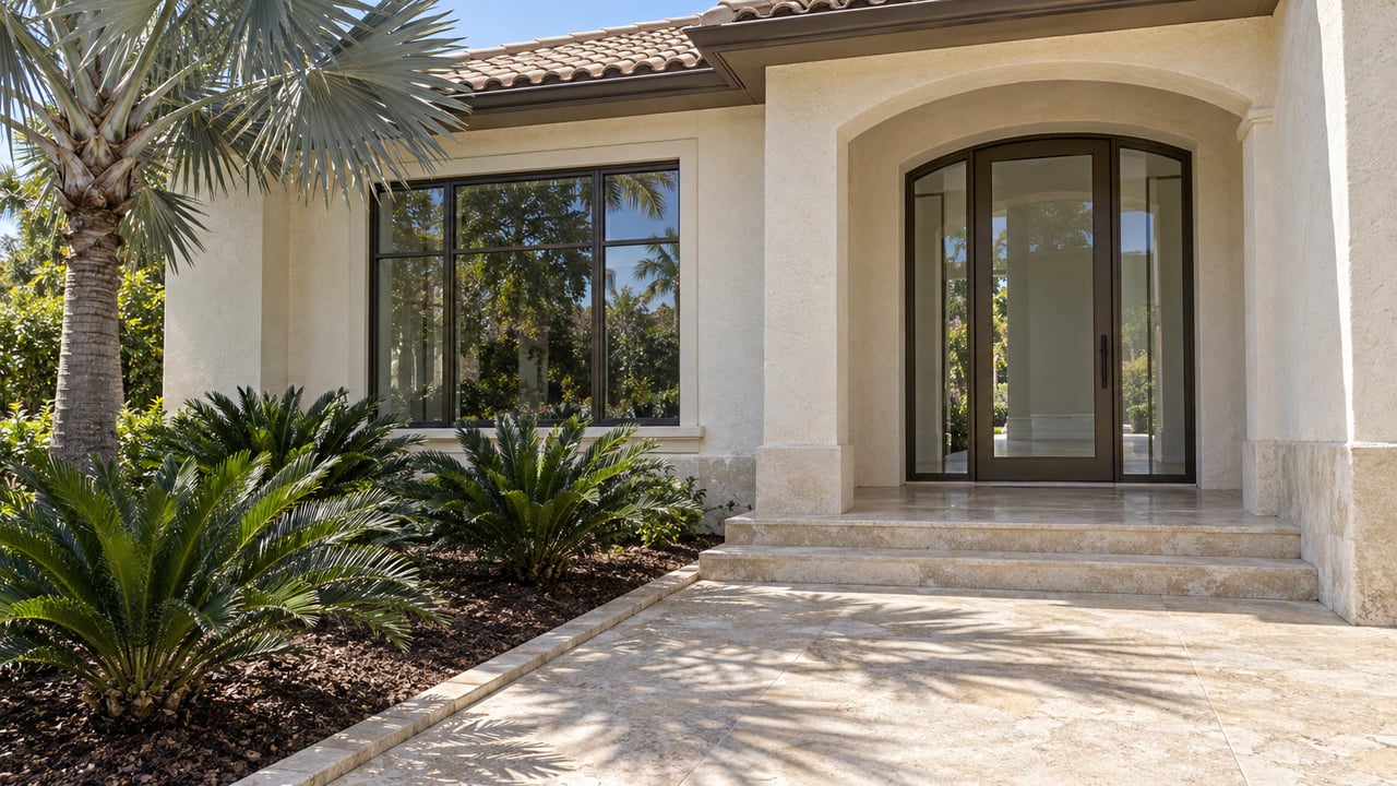 Ivory stucco home with an arched glazed entry, limestone steps, a silver thatch palm, and coontie planting.
