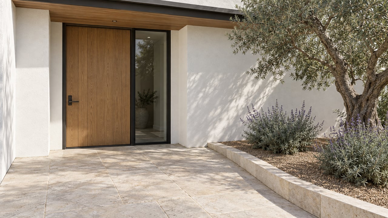 Oak front door and tall glass sidelight recessed beneath a wood soffit, with limestone courtyard paving beside an olive tree and two sage shrubs.
