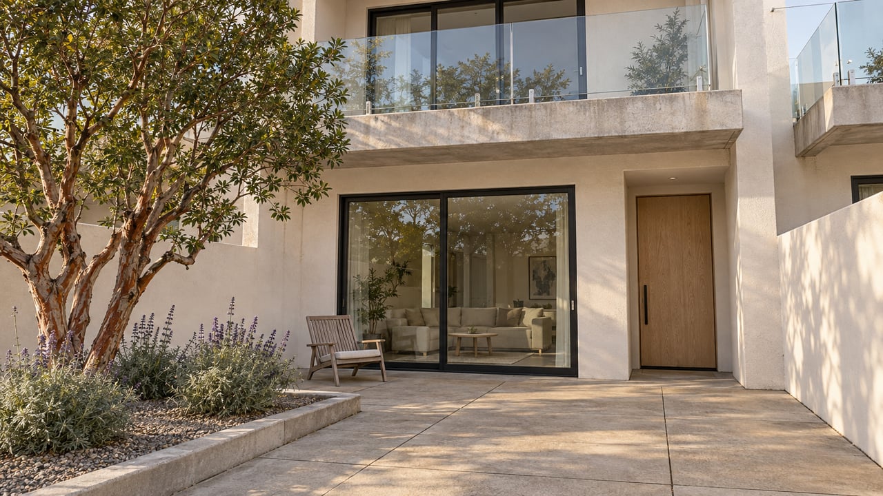 Modern stucco residence with glass balcony, enclosed sliding doors, weathered teak chair and a small planted entry court.