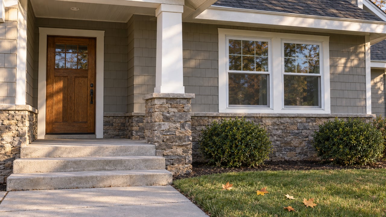 Sunlit gray-shingled home entry with an oak door, white-trimmed windows, stone porch base and worn concrete steps beside an autumn lawn.