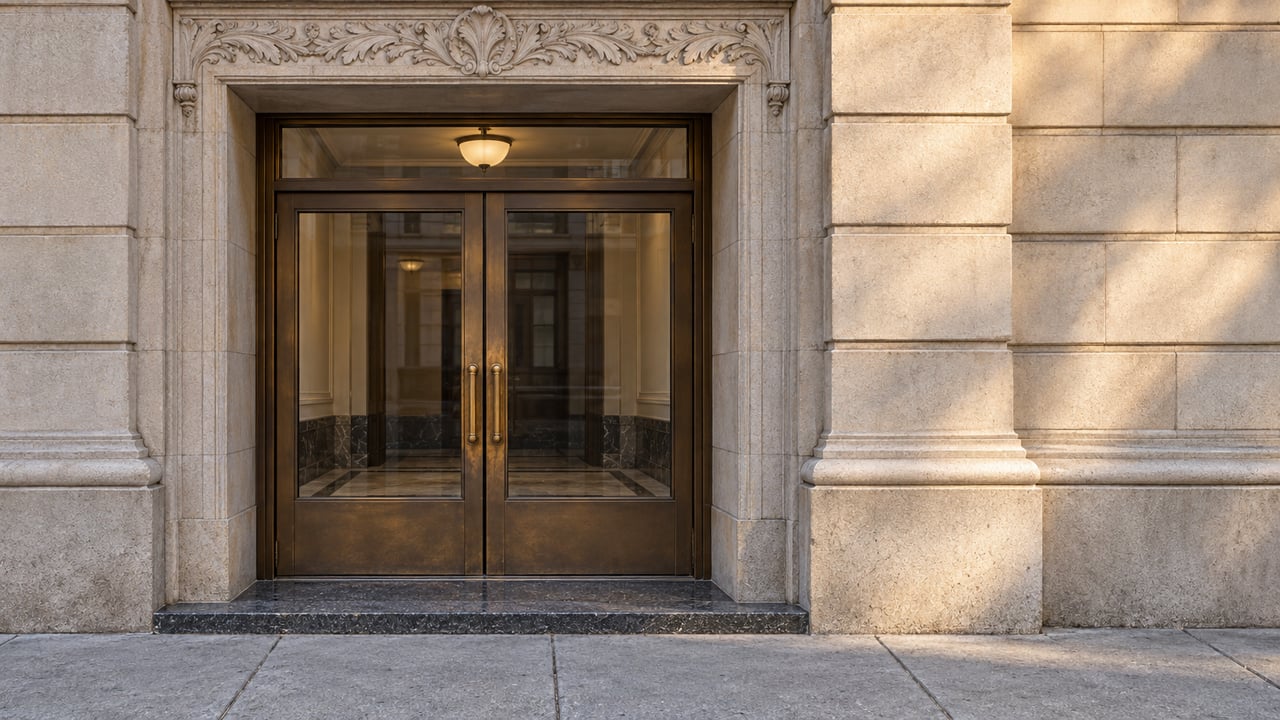 Warm afternoon light falls across a carved limestone residential entrance with paired bronze-and-glass doors and a worn stone threshold.