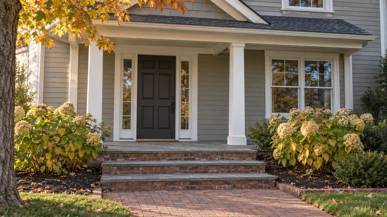 Sunlit clapboard home entry with paired porch posts, bluestone steps, brick paving and autumn hydrangeas.