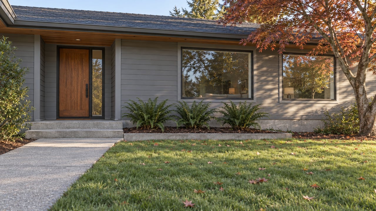 Updated single-story home with gray timber siding, a cedar entry, broad lawn, and a copper-red Japanese maple in autumn morning light.