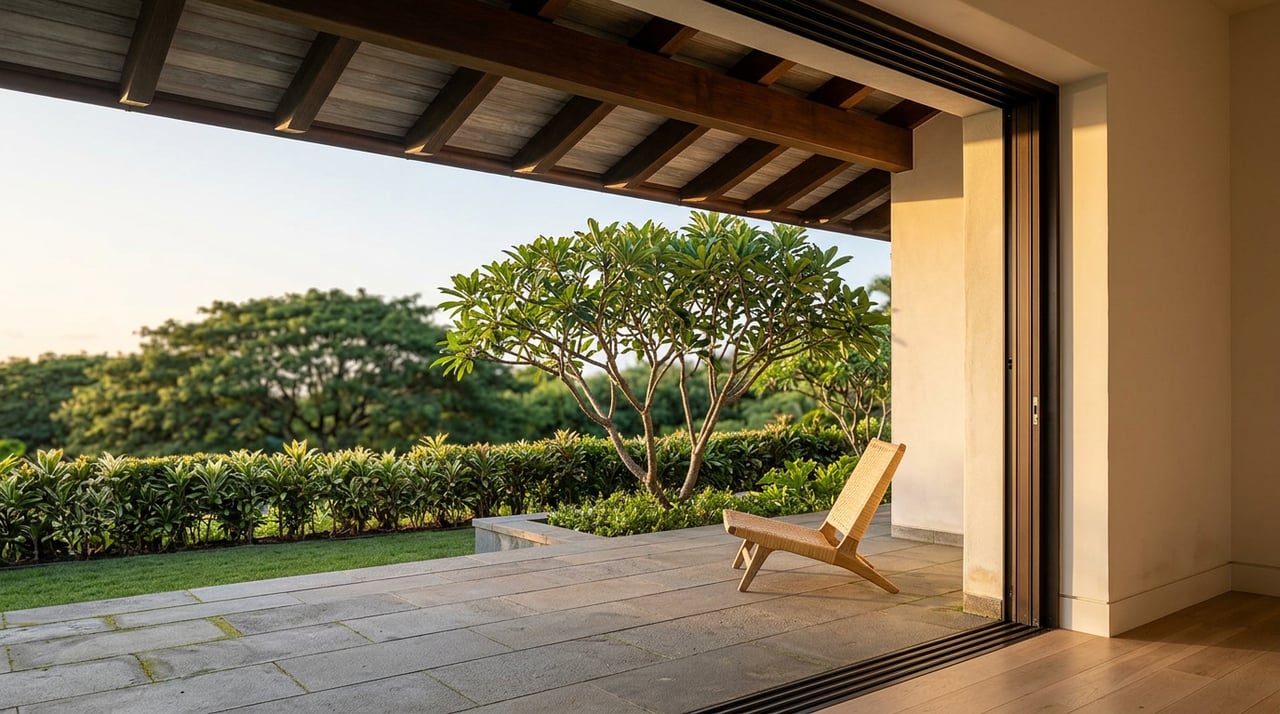 Open lanai with basalt tile, dark timber eave, woven lounge chair, and plumeria tree beyond a low hedge.