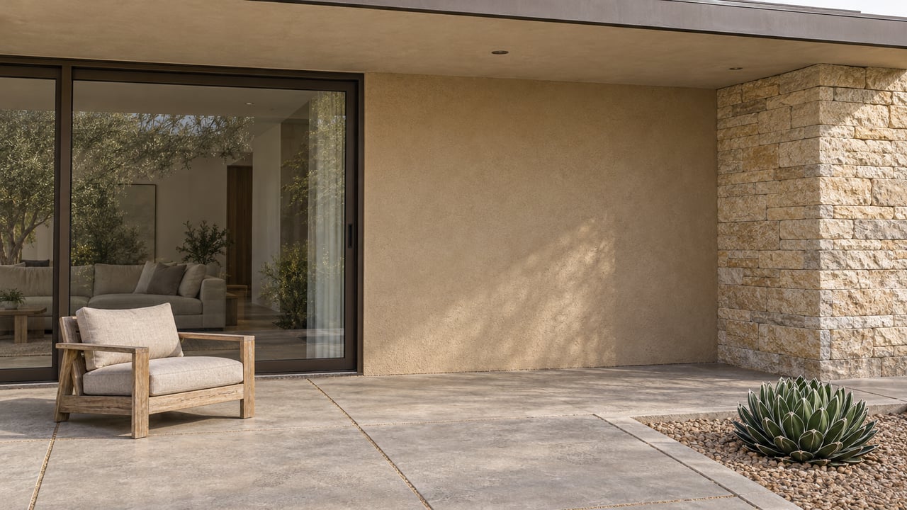 Elevated view of a warm stucco courtyard facade with closed bronze-framed glazing, limestone pier, teak lounge chair and a single sculptural agave in gravel.