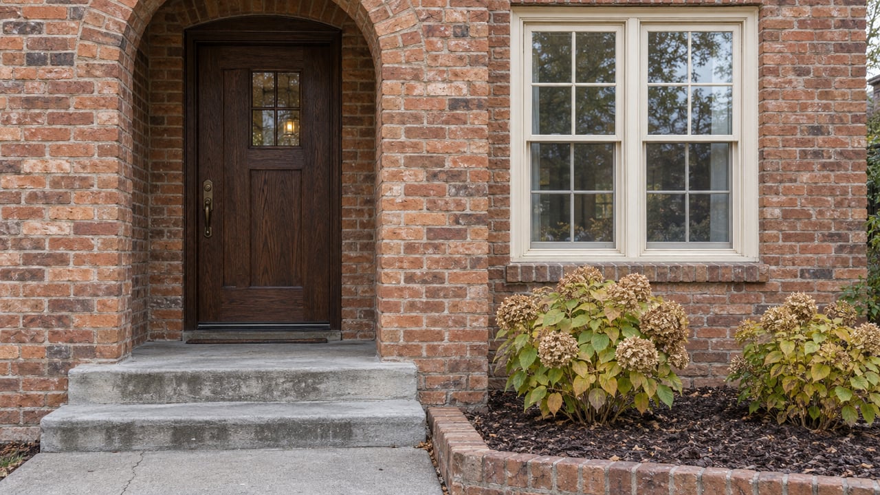 Brick house entry with an arched oak doorway, cream multi-pane window, worn stone steps and autumn hydrangeas.