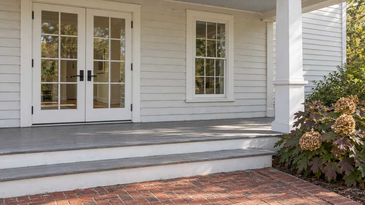 White clapboard porch with closed French doors, a gridded window, worn gray steps and burgundy oakleaf hydrangea beside a brick landing.
