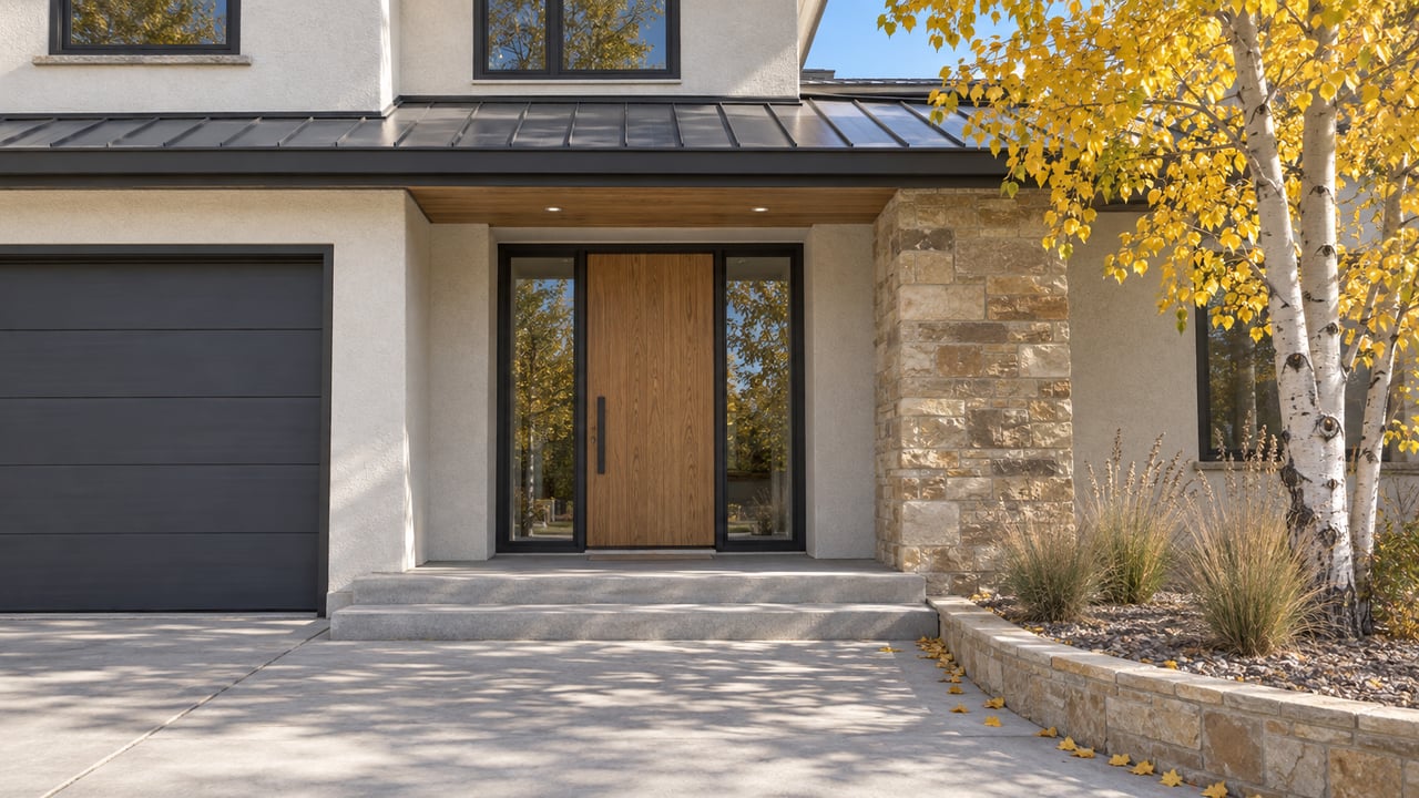 Autumn aspen beside a covered home entrance with sandstone masonry, black-framed glass and broad concrete steps.