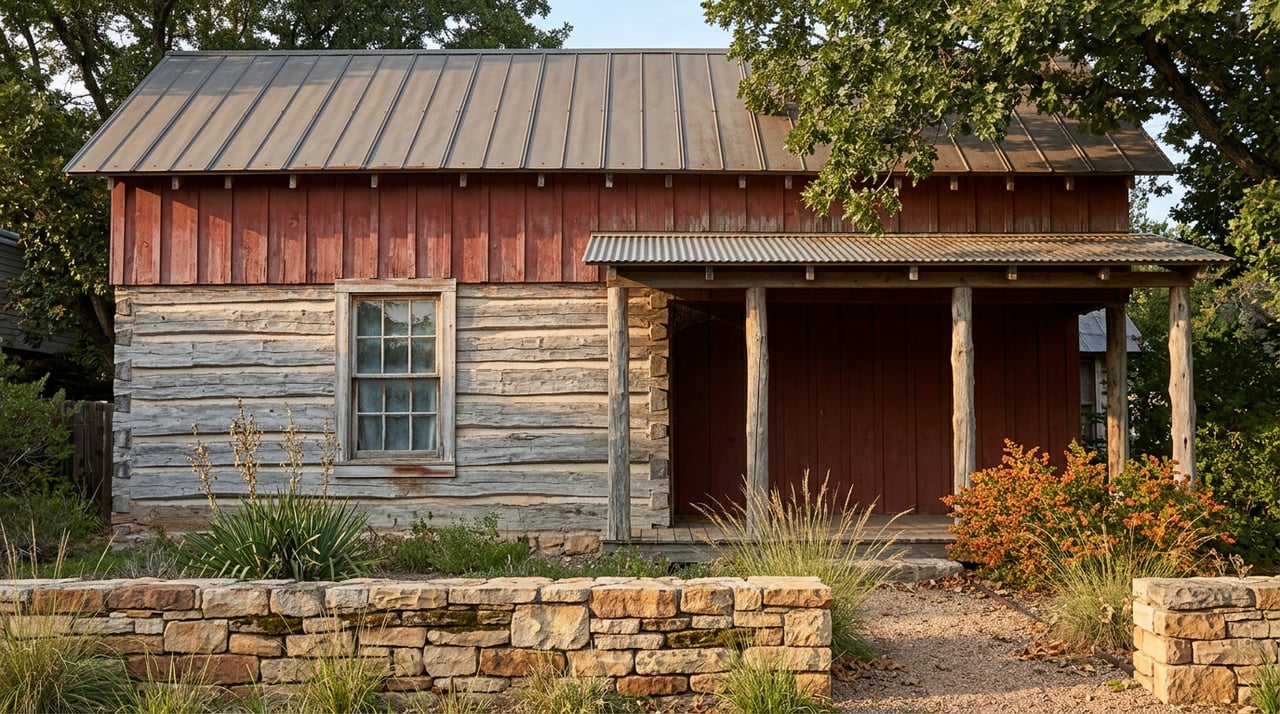 Foothills home with hewn-log walls, faded red gable, corrugated metal roof, and native grasses beside a stone wall.
