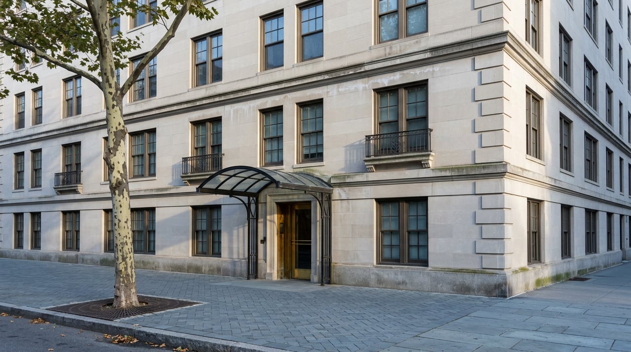 Prewar limestone apartment building with a curved iron-and-glass entrance canopy, bronze windows, and a curbside plane tree.