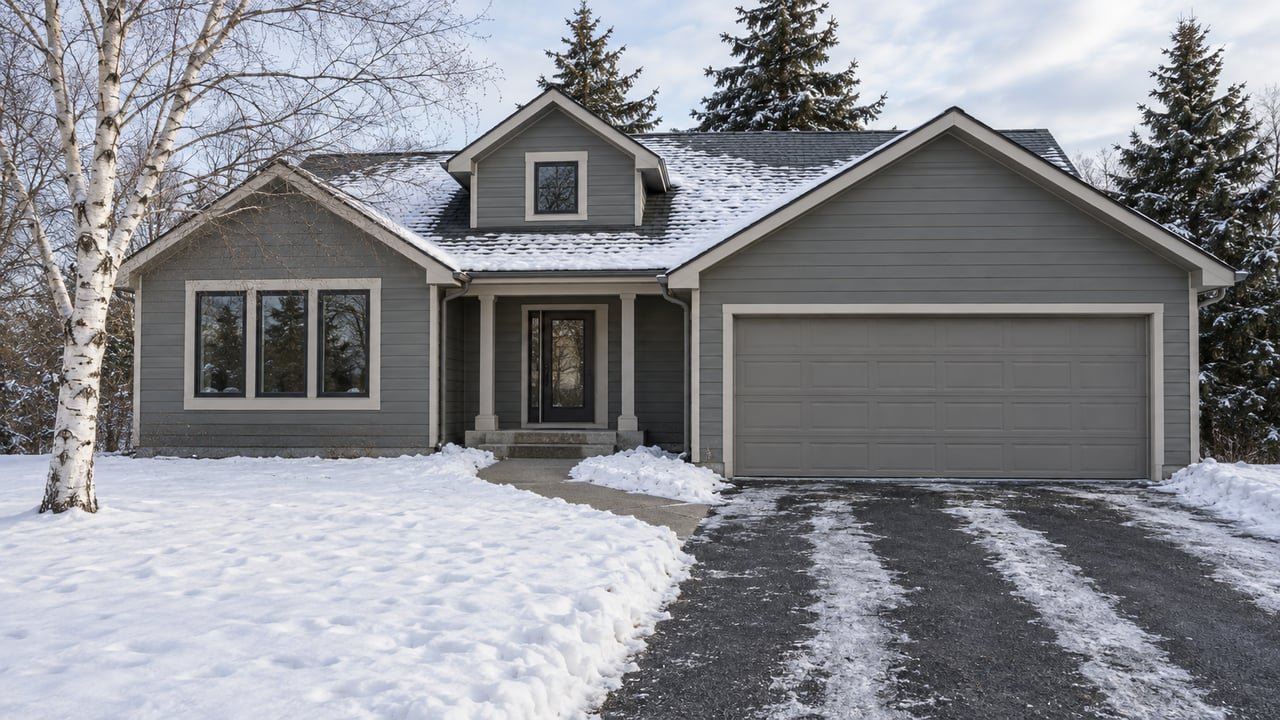 Gray gabled home with a wide attached garage, cleared driveway and snowy front yard framed by a bare paper birch and white spruce.
