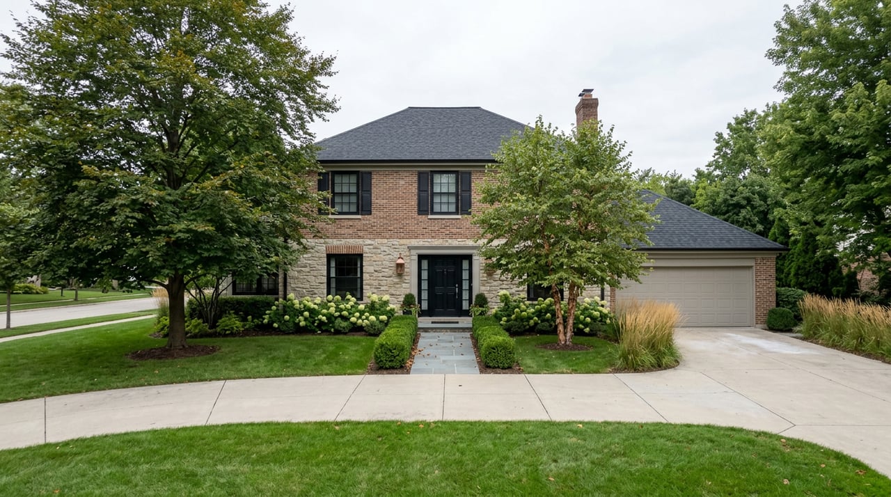 Stone-and-brick two-story home beyond a broad lawn, with a curved driveway, beech tree, and flowering hydrangeas.