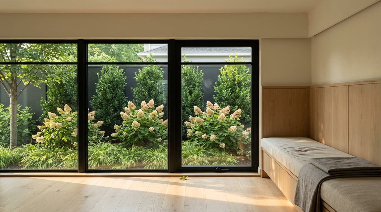 Living-room bench with a folded gray throw beside black-framed windows overlooking dense green shrubs.