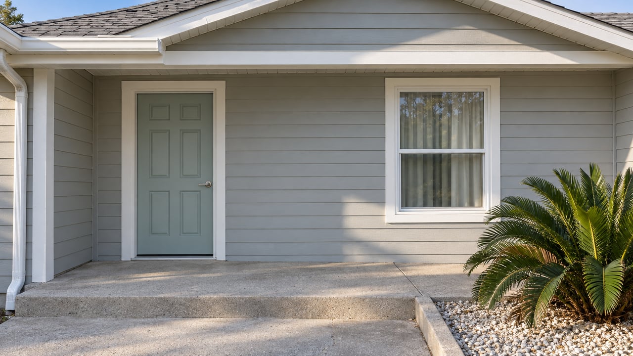 Close view of a pale-gray single-story home's seafoam entry door, white-trimmed window and concrete porch beside a coontie plant.